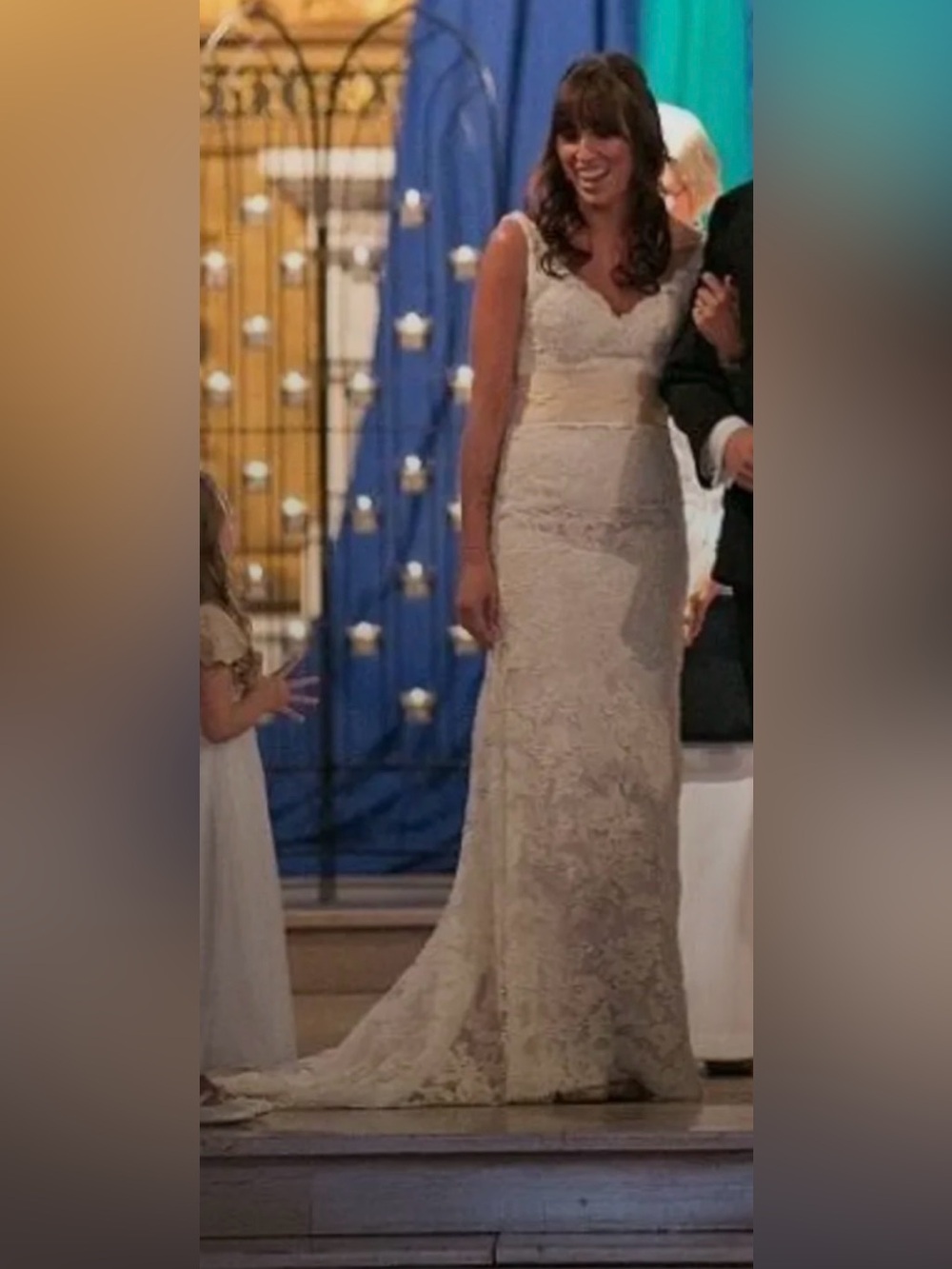 Ivory Lace Sheath Wedding Gown with V-Neck Detail